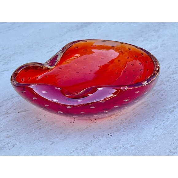 Murano Blown Glass Bowl With Bucillante Bubbles Red 6.25"x5.75"x2.25" Italy Gift - Picture 12 of 16